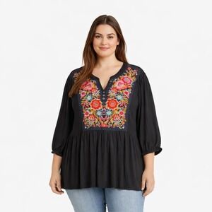 Savanna Jane Embroidered Boho Peasant Blouse Black Floral Festival Top 3X